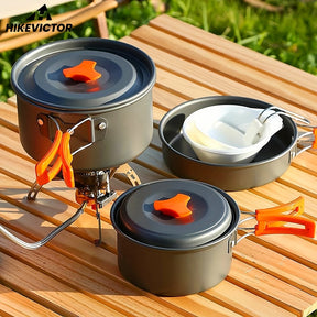 Hike Victor Camping Cookware Set Aluminum Portable Outdoor Tableware Cookset Cooking Kit Pan Bowl Kettle Pot Hiking BBQ Picnic