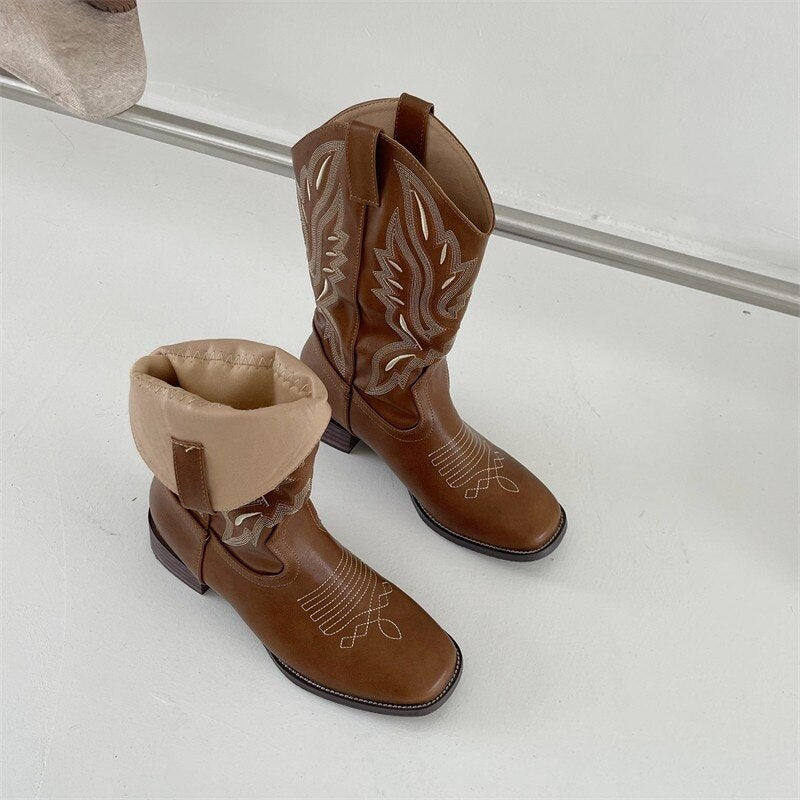 Cowboy Short Boots for Women  Cowgirl Fashion Western Boots Women Embroidered Casual Square Toe Designer Shoes