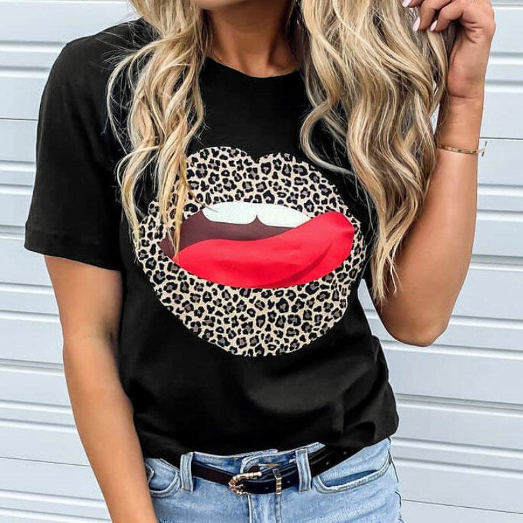 Lips Leopard Print Round Neck Short-sleeved Tshirt Women